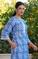Janasya Women's Blue Pure Cotton Floral Printed Straight Co-ord Set - Image 2