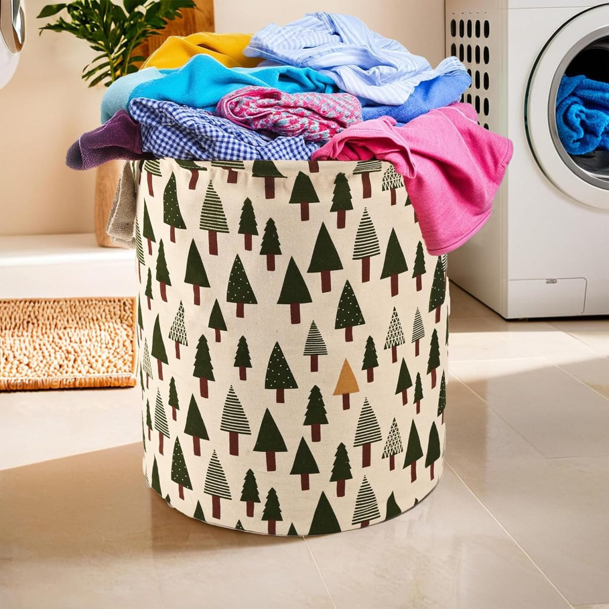 Kuber Industries 60 LTR Foldable & Portable Laundry Basket for Clothes with Carry Handles | Durable & Easy To Clean Laundry, Towel & Toy Bag for Kids Storage | Tree Print- Green - Image 2