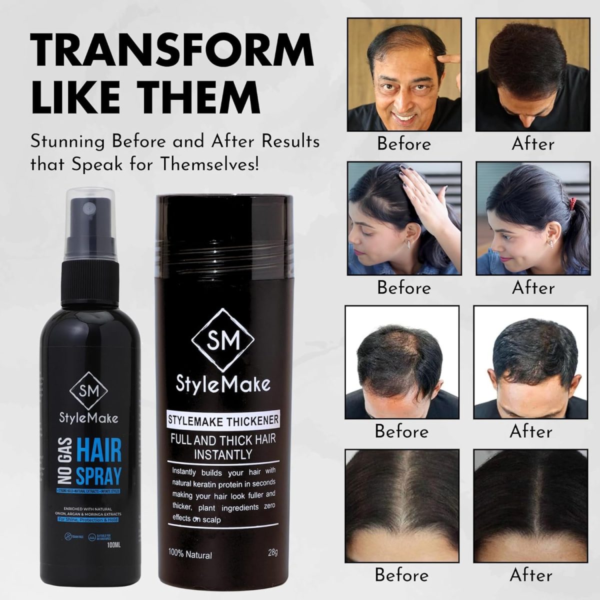 StyleMake Thickener Hair Fiber Black 28g + Fibre Lock Spray 100ml — The Ultimate Duo for Instant Volume & Fuller Look for Men & Women (Black 28g + Spray 100ml) - Image 2