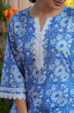 Janasya Women's Blue Pure Cotton Floral Printed Straight Co-ord Set - Image 8