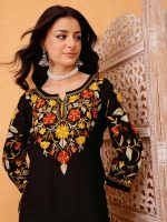 QAZMI Women's Mahnaz Kashmiri Chinarkari Work Keyhole Neck Black Kurti - Image 4