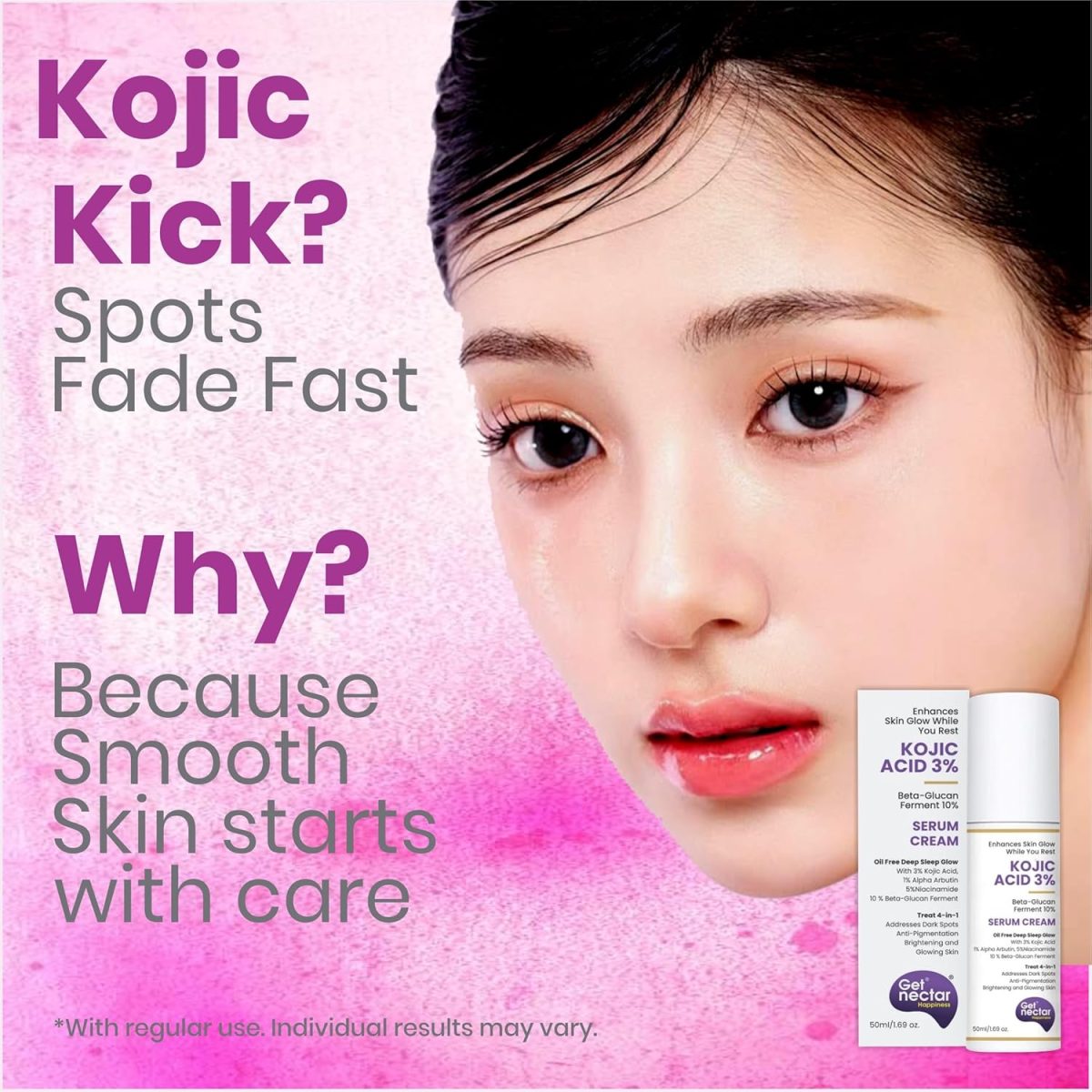Get Nectar Happiness Glow Serum Cream with 3% Kojic Acid 5% Niacinamide 1% Alpha Arbutin & 25% Beta-Glucan for Dark Spots, Anti-Pigmentation, Brightening, Glowing Skin 50ml - Image 4
