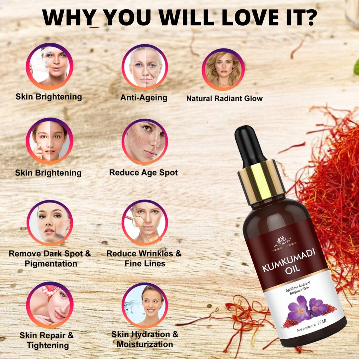 INTIMIFY Kumkumadi Tailam For Face, Kumkumadi Face Oil For Glowing Skin, Face Serum For Wrinkles, Whitening, Lightening & Pigmentation (30 ml) Pack of 1 - Image 6