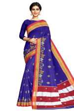 Neyge Women's Handloom Ilkal Pure Cotton Resham Silk Kasuti Saree with Stripe Pallu Running Blouse