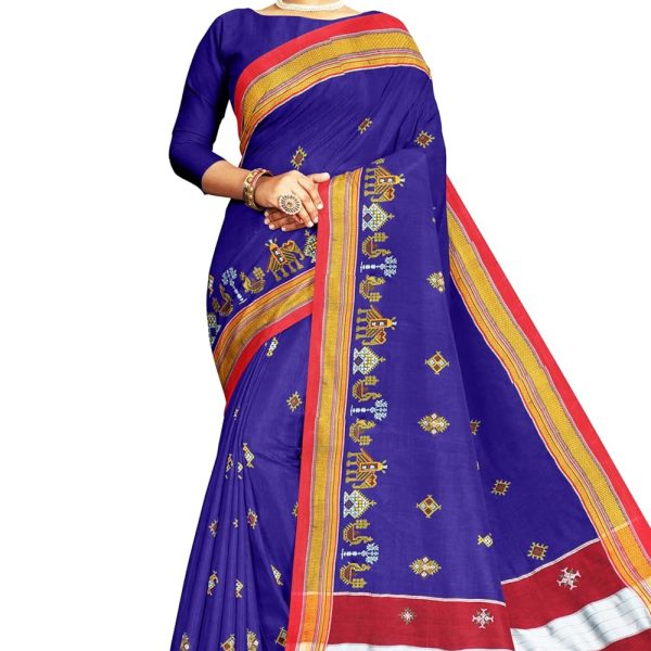 Neyge Women's Handloom Ilkal Pure Cotton Resham Silk Kasuti Saree with Stripe Pallu Running Blouse