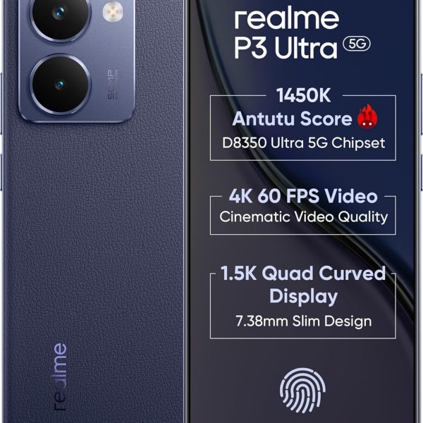 realme P3 Ultra 5G (Neptune Blue, 8GB RAM, 128GB Storage) | Dimensity 8350 Ultra | 50MP+8MP Camera | 16MP Front | 6.83” 120Hz AMOLED | 6000mAh Battery | 80W Fast Charging | Up to 16GB RAM Expansion