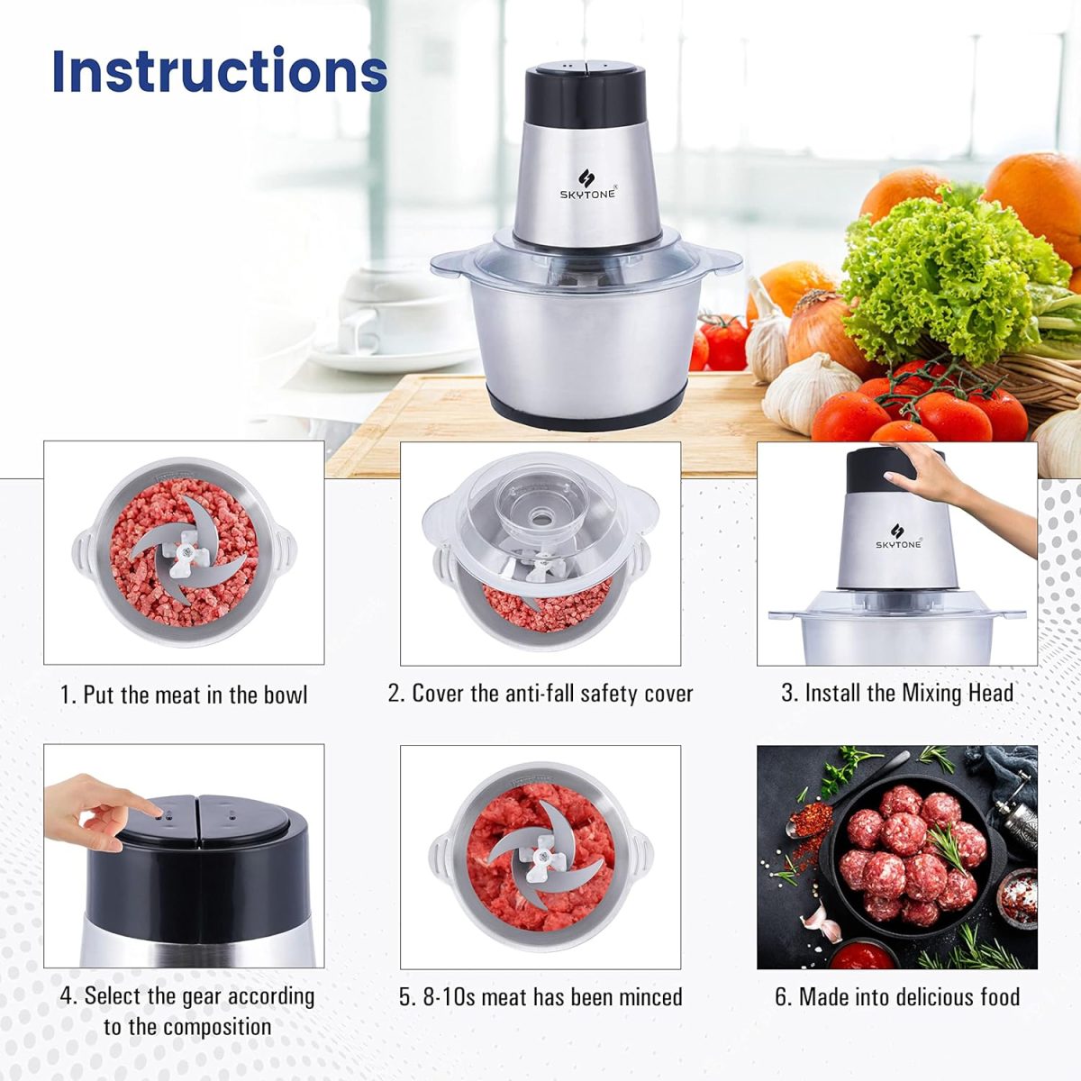 SKYTONE Electric Chopper, Meat Chopper With Stainless Steel Bowl Heavy 700W Motor - 2 Speed Modes For Kitchen Food Processor, Meat, Vegetables, Onion, Mince (Electric, 2 Liter) - Image 6