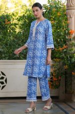 Janasya Women's Blue Pure Cotton Floral Printed Straight Co-ord Set - Image 5