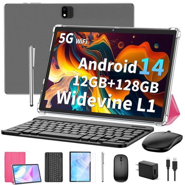 JJGJ Android Tablet with Keyboard, 14 Android Tablet, 12(4+8) GB+128GB, 1TB Expansion, 10 inch 2 in 1 Tablet with Case, Mouse, Stylus Pen, 8000mAh Battery (Pink)