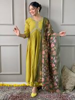 Naixa Women's Viscose Silk Embroidered Flared Kurta with Pant and Dupatta Sets (S-Garima) - Image 2