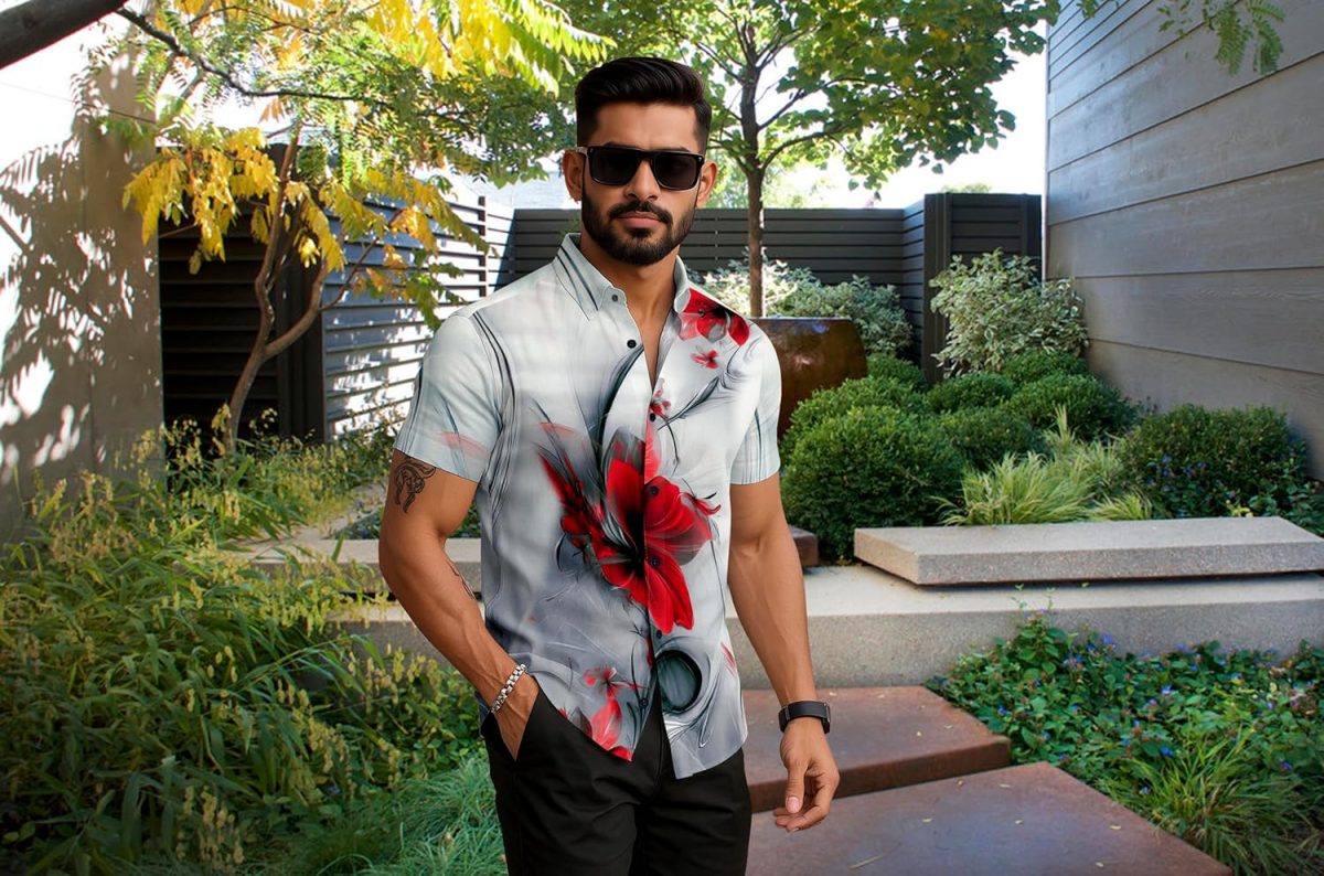 Le Pery Floral Print Short Sleeve Men's Shirt, White with Red Flowers, Casual Summer Wear Stylish | Man's Printed | Half Sleeve | Formal Shirts for Man | Regular Fit - Image 2