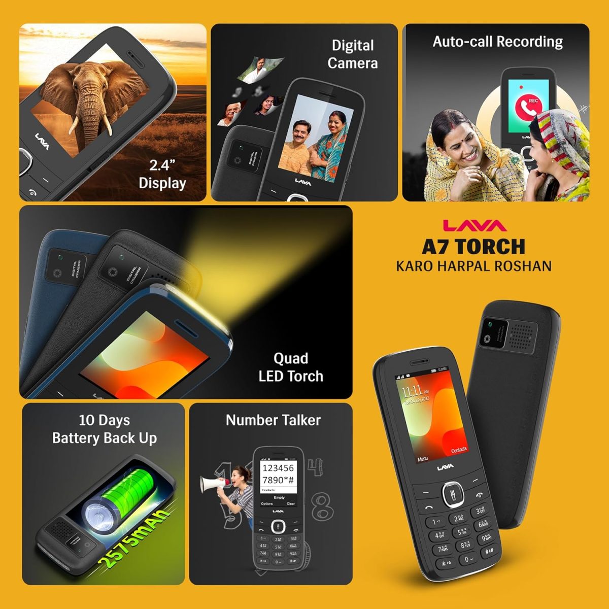 Lava A7 Torch+ Dual Sim Keypad Mobile Phone (with Instant Slide Torch)| 2.4" Big Display | Powerful Battery Backup | Vibration Alert | Camera | Wireless FM & Bluetooth | Black - Image 2