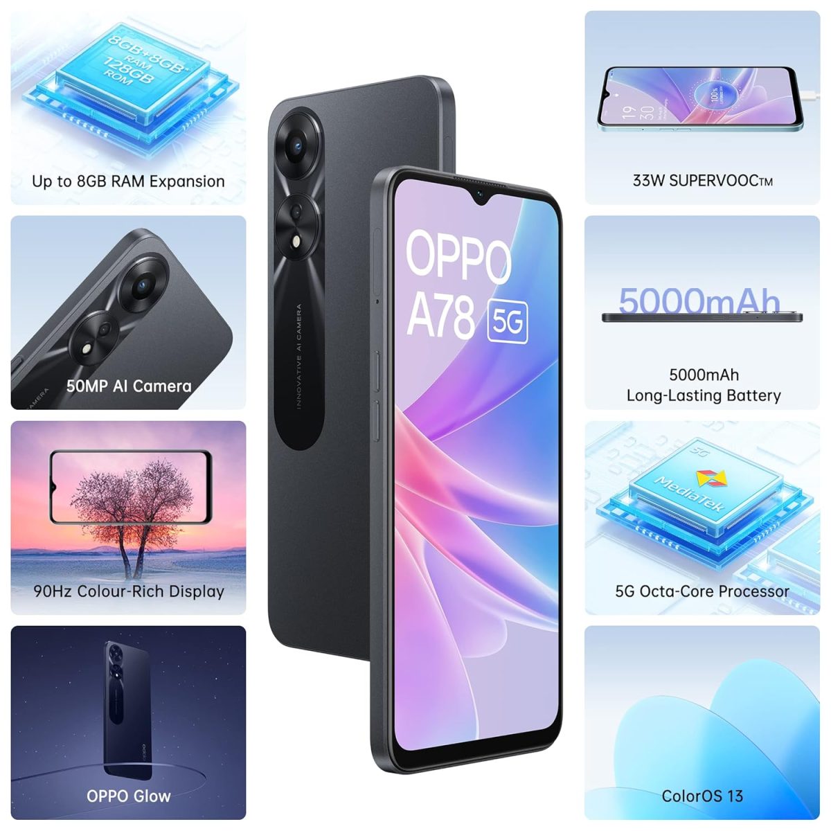 Oppo A78 5G (Glowing Black, 8GB RAM, 128 Storage) | 5000 mAh Battery with 33W SUPERVOOC Charger| 50MP AI Camera | 90Hz Refresh Rate | with No Cost EMI/Additional Exchange Offers - Image 2