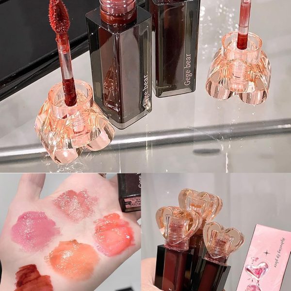 Gege Bear Sweetheart Lip Glaze | 6 Glossy Lip Colors with Heart-Shaped Cap | Korean Style Translucent Lip Gloss for Women | Lightweight Lip Tint with Moisturizing Formula | Lipstick Combo for Girls | Non-Sticky Glossy Finish (05#ROSE BLACK TEA (Rose), 3g)