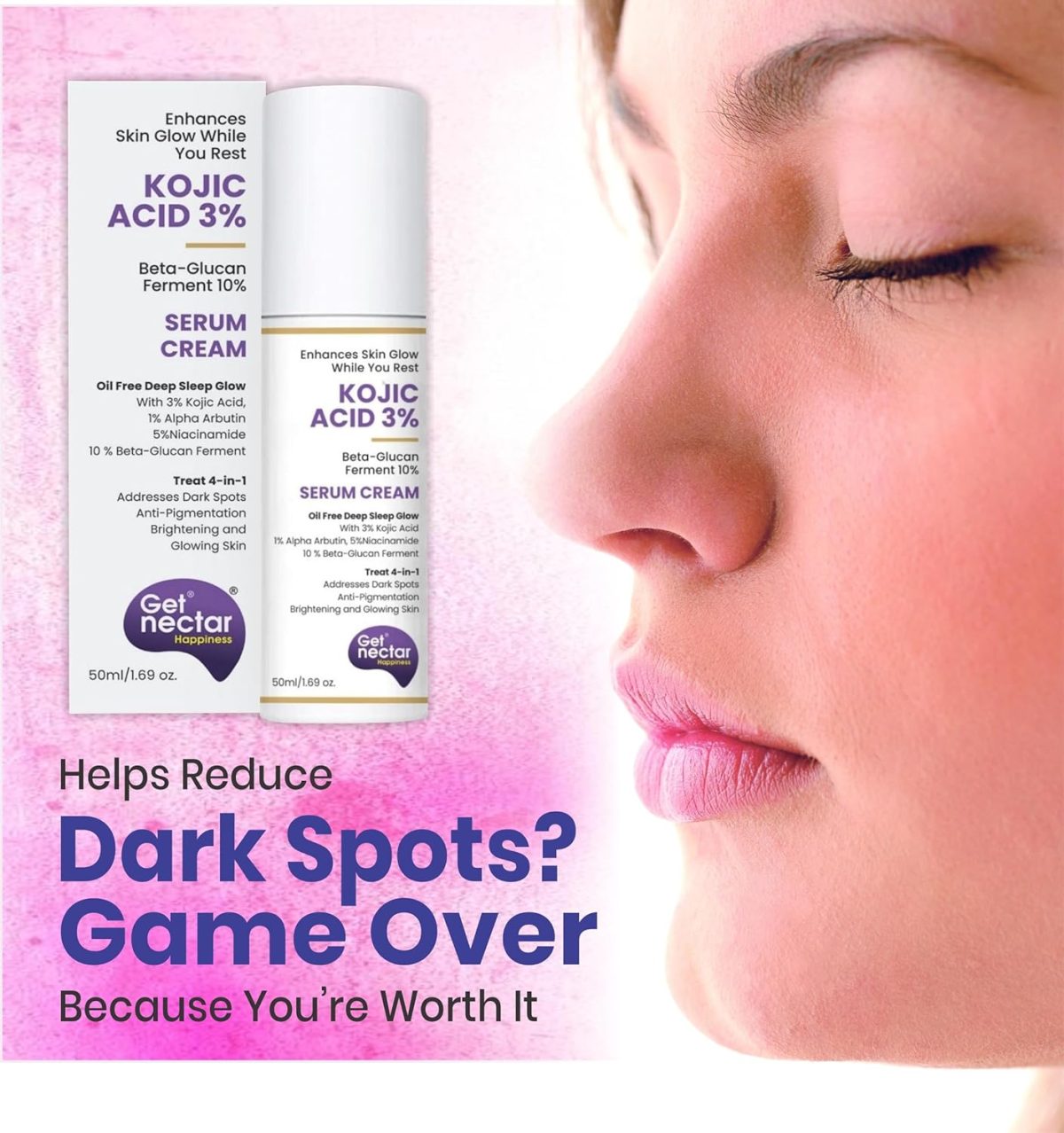 Get Nectar Happiness Glow Serum Cream with 3% Kojic Acid 5% Niacinamide 1% Alpha Arbutin & 25% Beta-Glucan for Dark Spots, Anti-Pigmentation, Brightening, Glowing Skin 50ml - Image 6