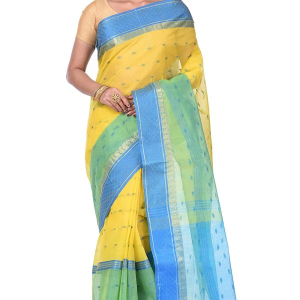 DipDiya Women Pure Cotton Traditional Bengali Woven Ganga Jamuna Buti Tant Saree