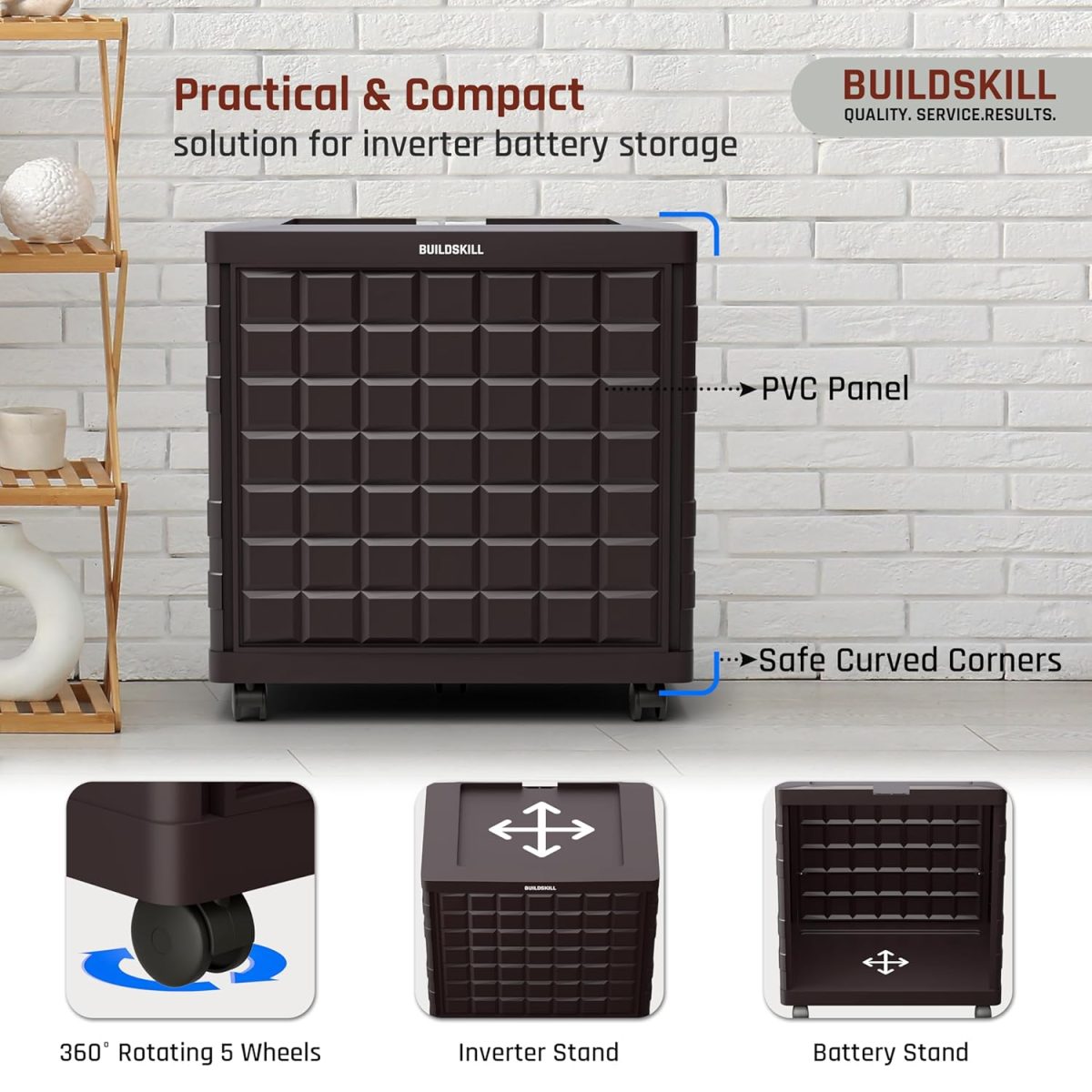 BUILDSKILL 100Kg Load Capacity Inverter Trolley for Home | 360° Rotating 5 Wheels | Easy Assembly Inverter Stand | Large Size Inverter Battery Stand for Home | Strong Build Inverter Box (Brown) - Image 2