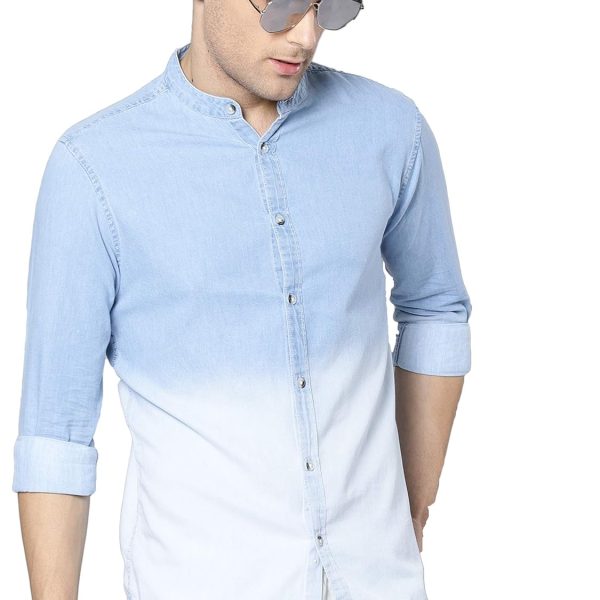 Dennis Lingo Men's Cotton Full Sleeves Cotton Denim Solid Casual Shirt with Mandarin Collar (Light Blue, XL)