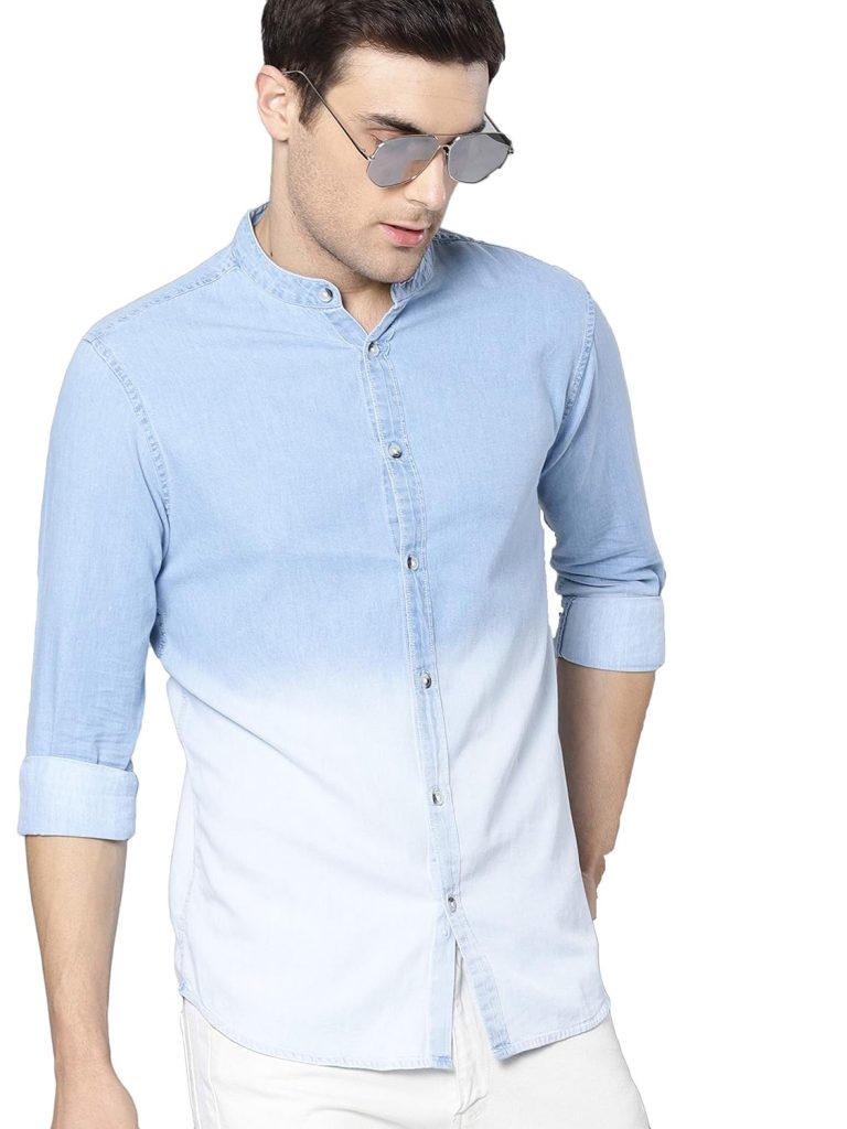 Dennis Lingo Men's Cotton Full Sleeves Cotton Denim Solid Casual Shirt with Mandarin Collar (Light Blue, XL)