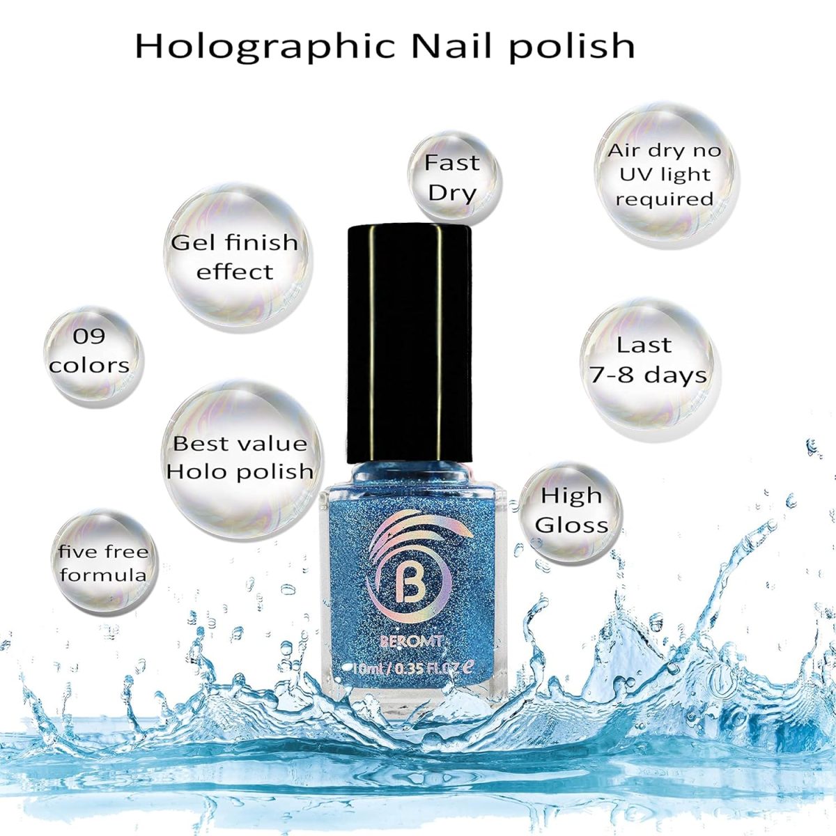 Beromt Blue Wave Holographic Nail Polish, Glitter Nail Paint, Nail Art, Colors, Gel Effect Nail Polish, Best Nail Polish, High-Shine Long Lasting Non-Toxic Professional Nail Polish, 10ml-526 - Image 3