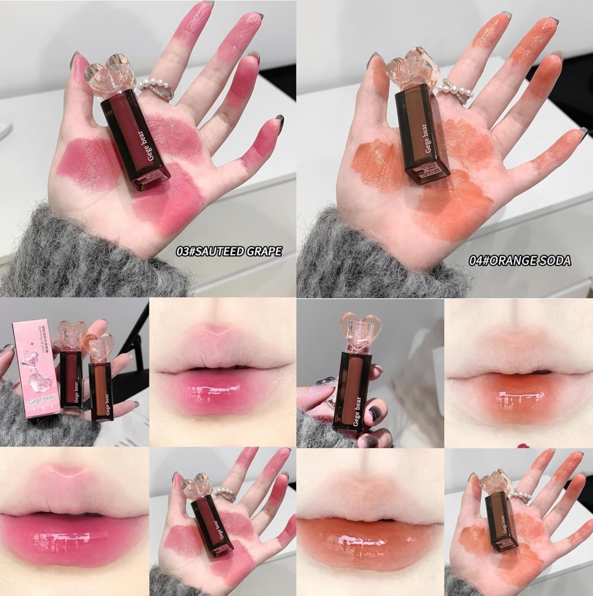 Gege Bear Sweetheart Lip Glaze | 6 Glossy Lip Colors with Heart-Shaped Cap | Korean Style Translucent Lip Gloss for Women | Lightweight Lip Tint with Moisturizing Formula | Lipstick Combo for Girls | Non-Sticky Glossy Finish (05#ROSE BLACK TEA (Rose), 3g) - Image 4
