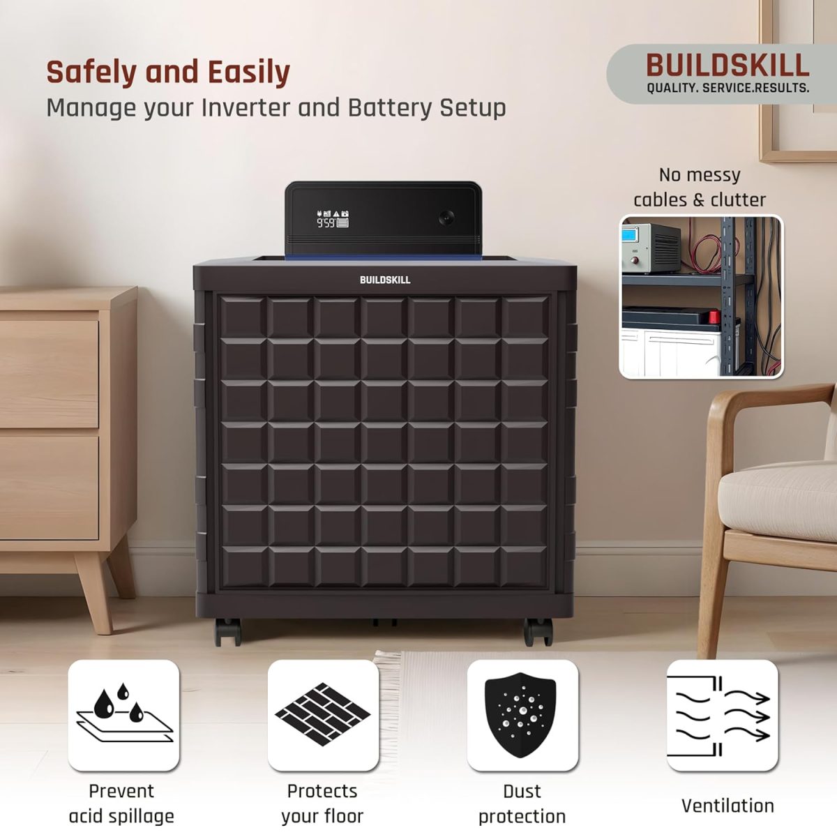 BUILDSKILL 100Kg Load Capacity Inverter Trolley for Home | 360° Rotating 5 Wheels | Easy Assembly Inverter Stand | Large Size Inverter Battery Stand for Home | Strong Build Inverter Box (Brown) - Image 5