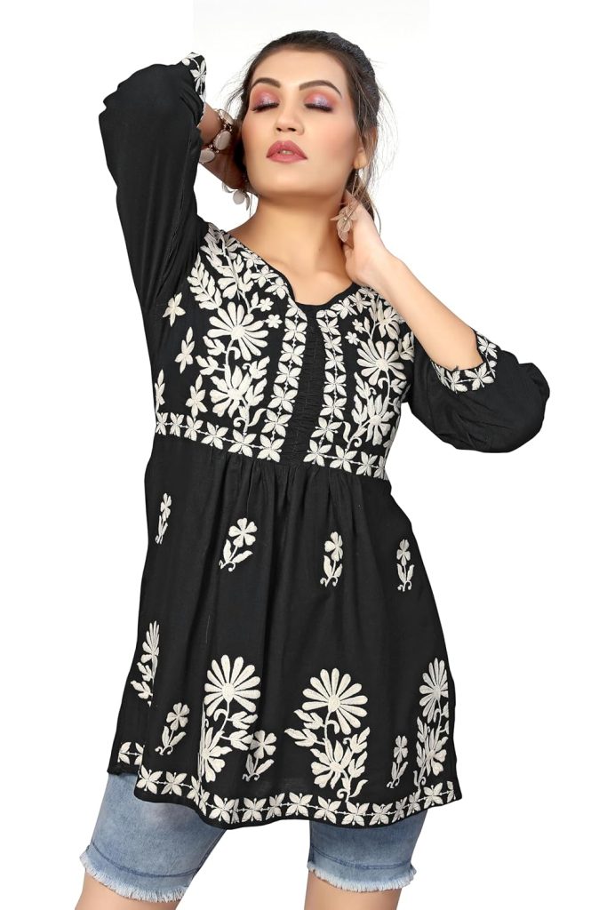 Winza Designer Women's Rayon Floral Embroidered Top | Tops for Woman | Jeans Tops for Women | Short Kurti Kurta for Women | Plus Size Tops | Women Tunics | Ethnic top | Chikankari Kurti for Women