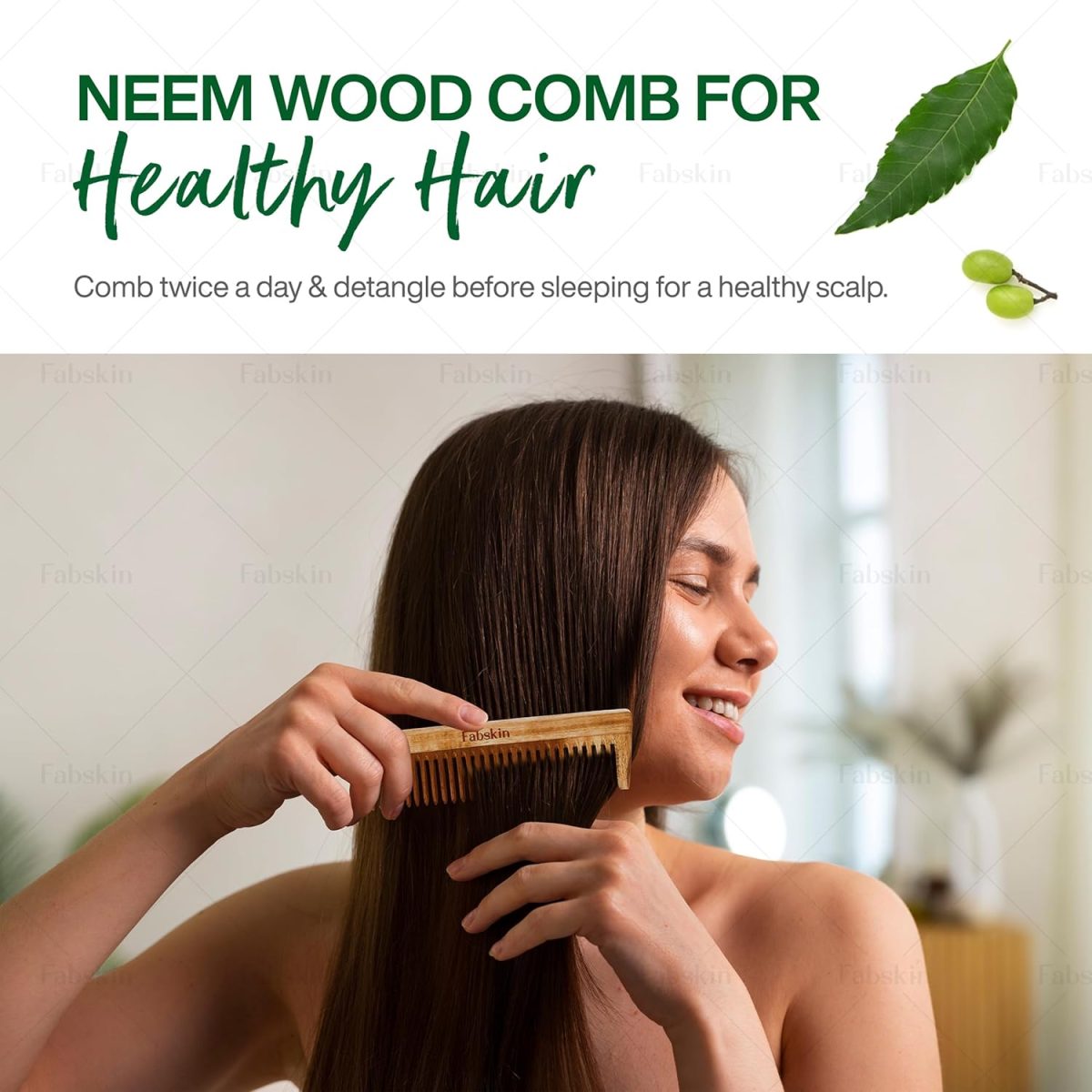 Fabskin Neem Wooden Comb For Men & Women | Set Of 2 | Detangling, Frizz Control, Hair Growth, Shine & Styling | Graduated & Handle Comb | For All Hair Types - Image 4