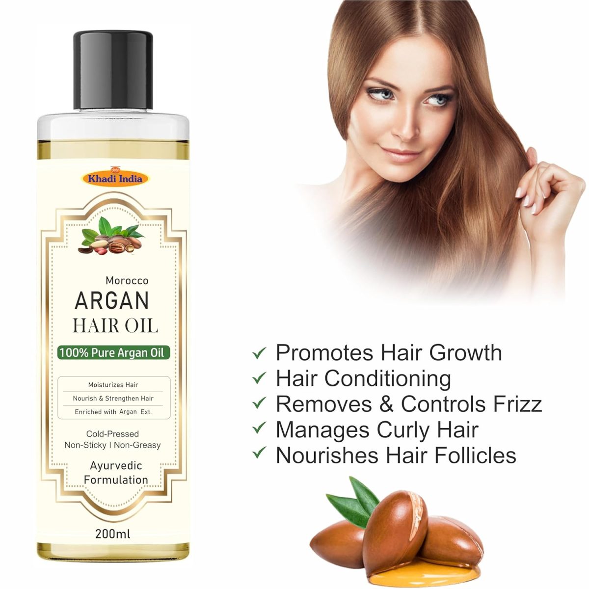 Khadi Herbal 100% Pure & Natural Argan Hair Oil, with the Goodness of Olive oil & Sunflower Oil, for Dry & Frizzy Hairs 200ml with khadi india logo - Image 6