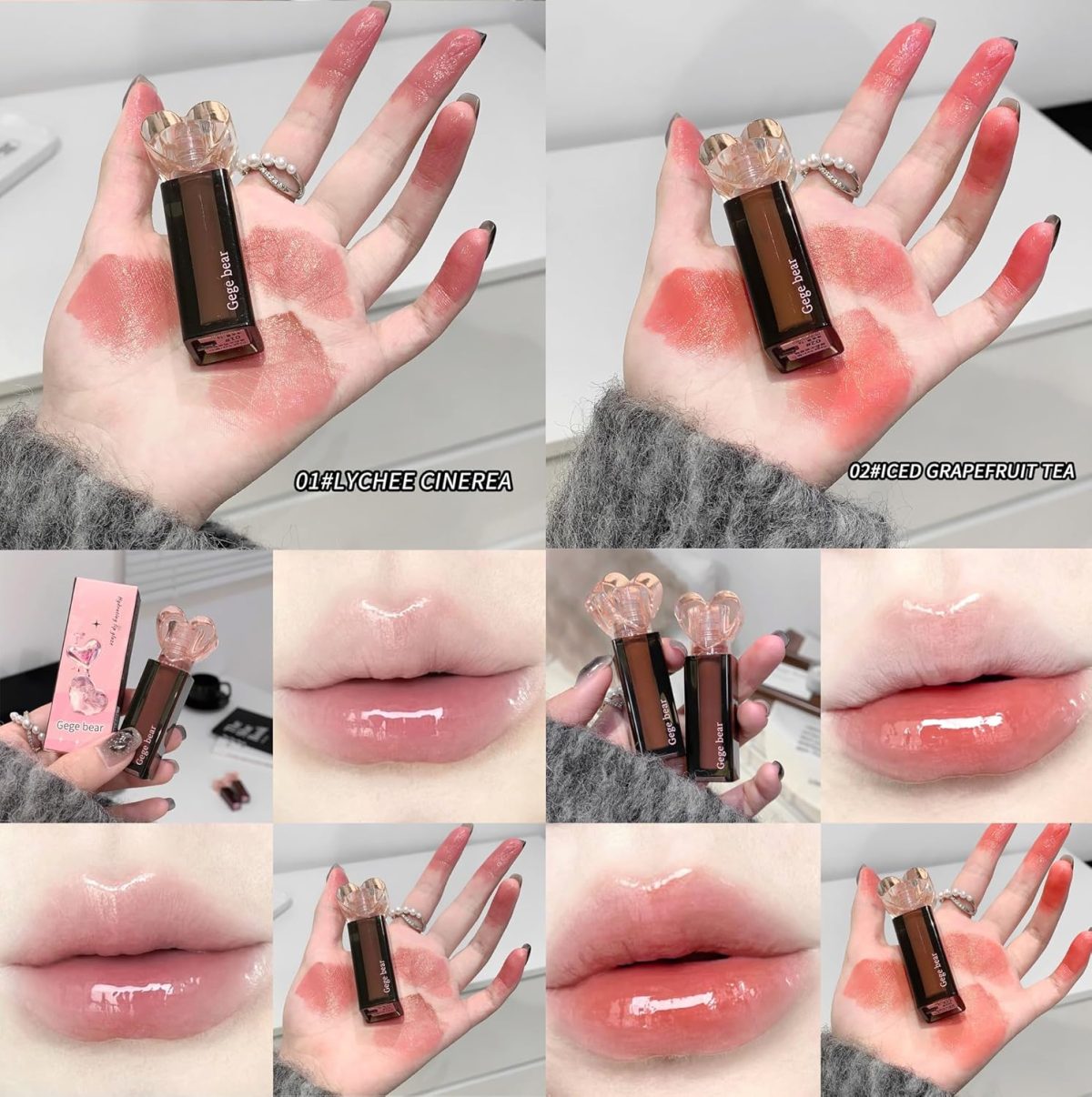 Gege Bear Sweetheart Lip Glaze | 6 Glossy Lip Colors with Heart-Shaped Cap | Korean Style Translucent Lip Gloss for Women | Lightweight Lip Tint with Moisturizing Formula | Lipstick Combo for Girls | Non-Sticky Glossy Finish (05#ROSE BLACK TEA (Rose), 3g) - Image 3