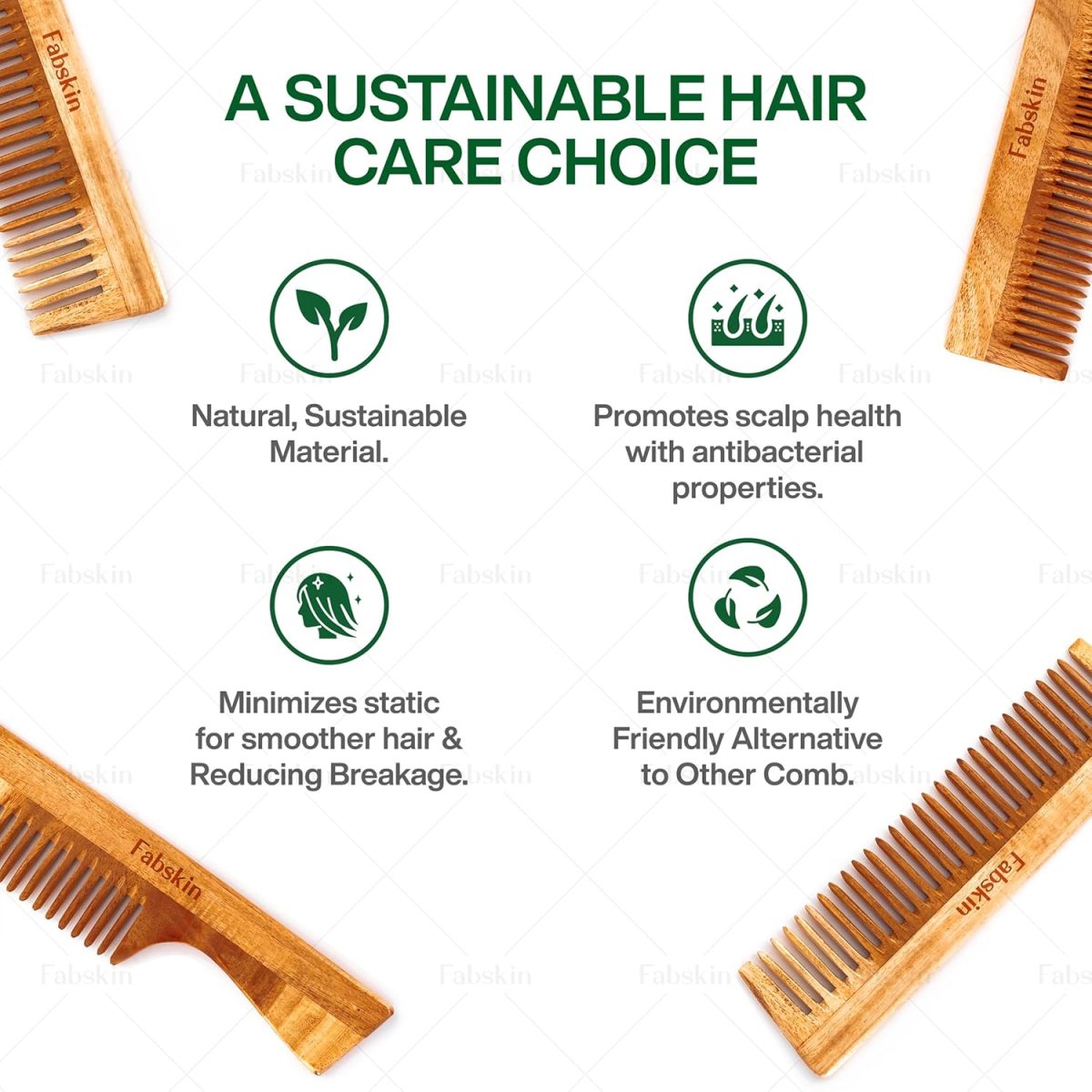 Fabskin Neem Wooden Comb For Men & Women | Set Of 2 | Detangling, Frizz Control, Hair Growth, Shine & Styling | Graduated & Handle Comb | For All Hair Types - Image 5