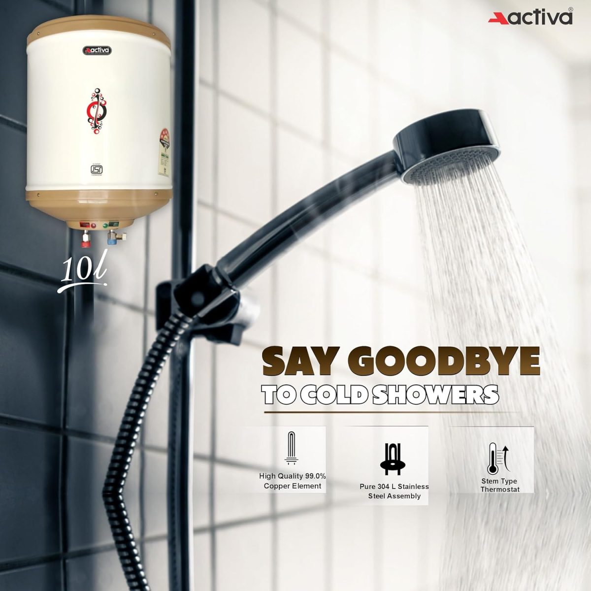 Activa Amazon 10 Liter Water Heater Geyser, ISI Copper Element 3 KVA (0.8mm), Instant Heat Water, Anti Rust Coated Tank, ABS Body, BEE 5 Start Rated, Energy Efficient, 5 Year Warranty - IVORY - Image 6
