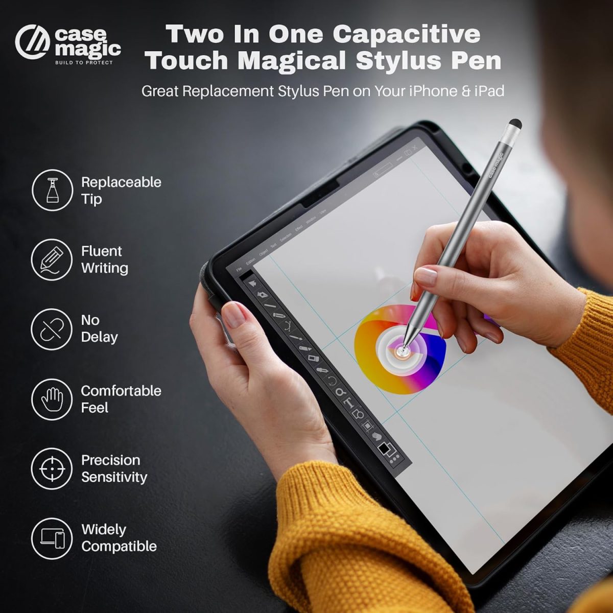 Case-Magic 2 in 1 Universal Stylus Pen with Fine Point Disc Tip+ Rubber Fiber Tip| for Smartphone/Tablet/iPad/Pro/Air/iPhone/iOS/Android/All Touch Screens| Aluminum Body (Grey) - Image 2