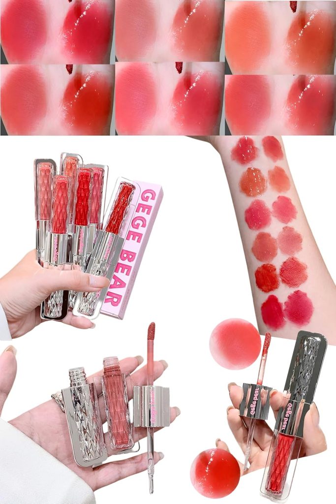 Gege Bear Dazzle Color Double-Headed Lip Glaze | 6 Gorgeous Shades | Matte & Gloss Finishes | Dual-Ended Lipstick and Lip Oil for Women | Moisturizing, Long-Wear Formula | (02# - Naked Peaches, 4g)