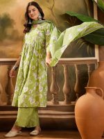 EthnicJunction Women's Pure Cotton Floral Print Office Wear Straight Kurta Pant with Dupatta Set - Image 3
