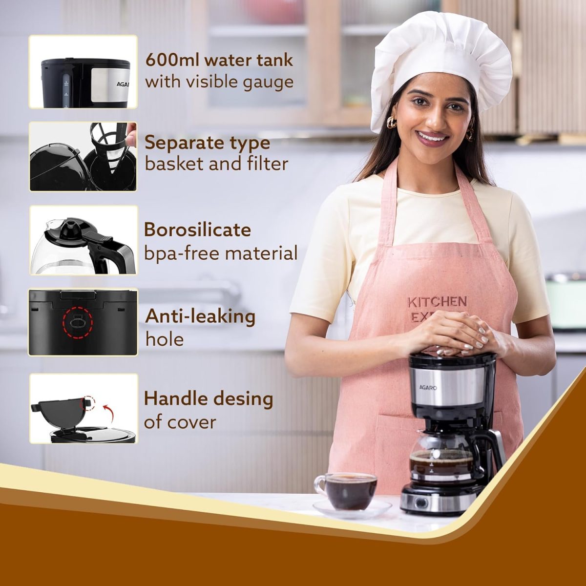 AGARO Royal 4 Big Cups Drip Coffee Maker, 600 Ml Borosilicate Glass Carafe Jar, 750W, Water tank with Level Indicator, Brewer Machine with Cone Filter, Auto Shut Off, Stainless Steel Body, Black - Image 5