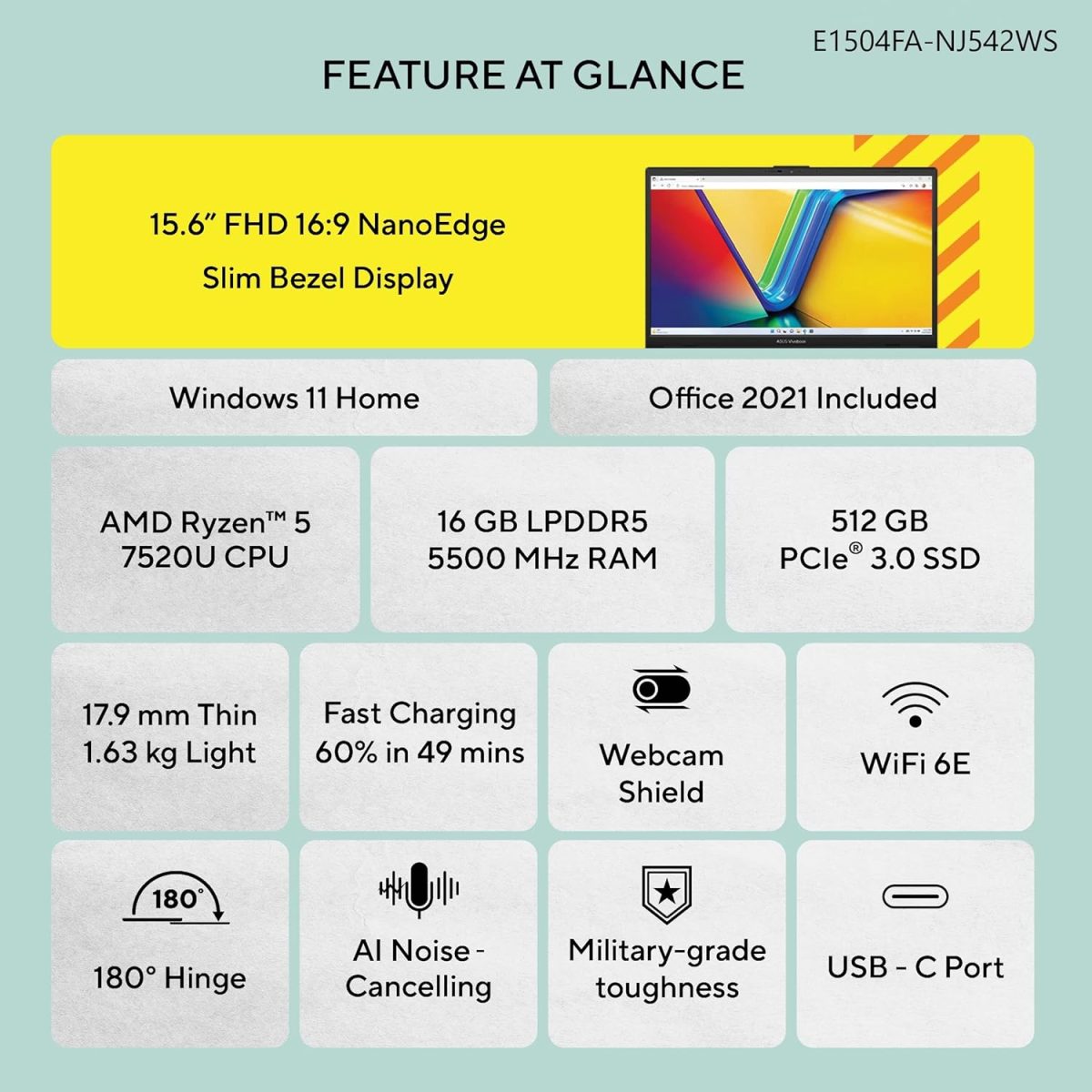 (Refurbished) ASUS Vivobook Go 15 (2023), AMD Ryzen 5 7520U, 15.6" (39.62 cm) FHD, Thin & Light Laptop (16GB/512GB SSD/Windows 11/Office 2021/Alexa Built-in/Mixed Black/1.63 kg), E1504FA-NJ542WS - Image 2