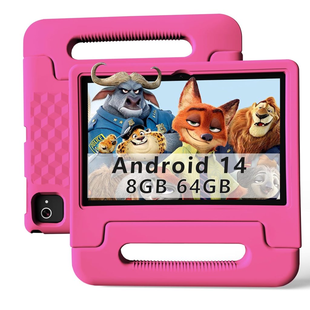 VCFNXLS 10.1" 8GB + 64GB Kids Tablet Android 14 8 Core CPU Educational Apps Parental Controls Wifi 1280x800 HD Screen Cameras Shockproof Battery