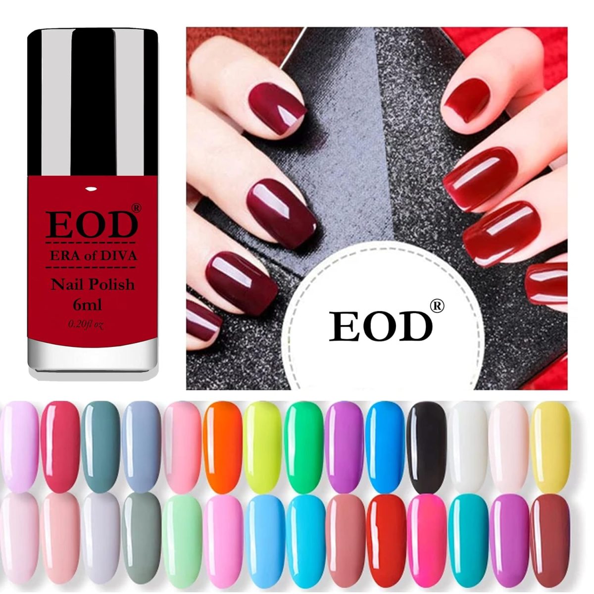 Eod 6Ml Each Glossy Finish Shine Long Lasting Nail Polish Paint Set Of 12 Bottles Tomato Red::Black::Extra Shine Top Coat::Baby Pink::Old Brick::Pink Peach::Nude::Dark Nude(Pack Of 12) - Image 3