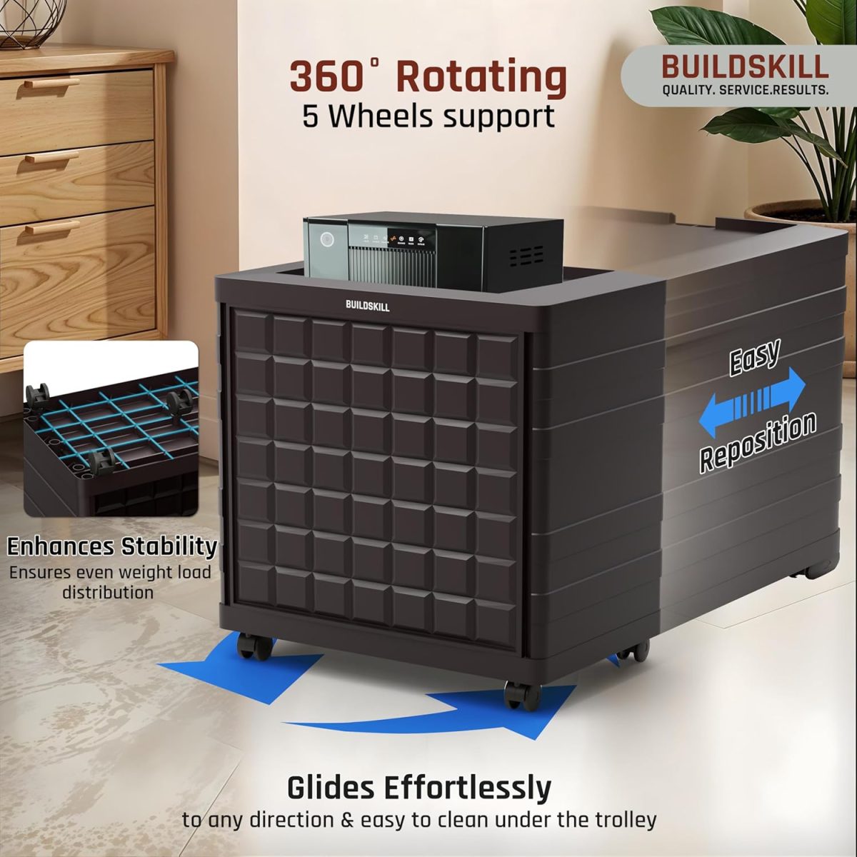 BUILDSKILL 100Kg Load Capacity Inverter Trolley for Home | 360° Rotating 5 Wheels | Easy Assembly Inverter Stand | Large Size Inverter Battery Stand for Home | Strong Build Inverter Box (Brown) - Image 4