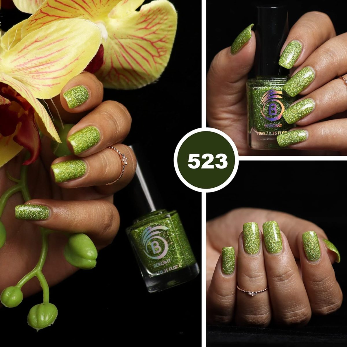 Beromt Kiwi Smoothie Holographic Nail Polish, Glitter Nail Paint, Nail Art, Colors, Gel Effect Nail Polish, Best Nail Polish, High-Shine Long Lasting Non-Toxic Professional Nail Polish, 10ml-523 - Image 4