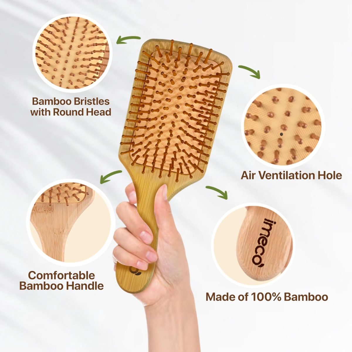 IMECO Wooden Hair Paddle Brush for Women & Men | Soft Bristles for Scalp Circulation & Hair Growth | Bamboo Hair Brush | Pain Free Hair Detangling | Hair Styling, Blow Drying, Non Static - Image 6