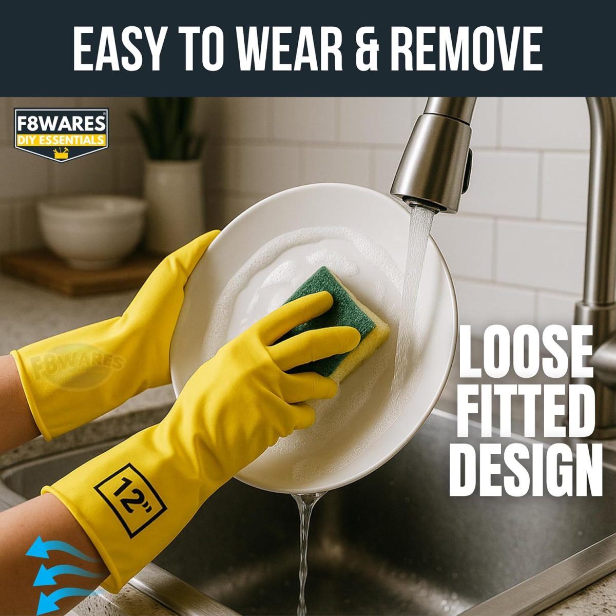 F8WARES All Purpose Heavy duty Rubber Hand Gloves for Cleaning, Kitchen, Washing Utensils, Gardening, Industrial, Safety, Construction & More - Waterproof Bathroom & Toilet Gloves 1 Pair Yellow - Image 3