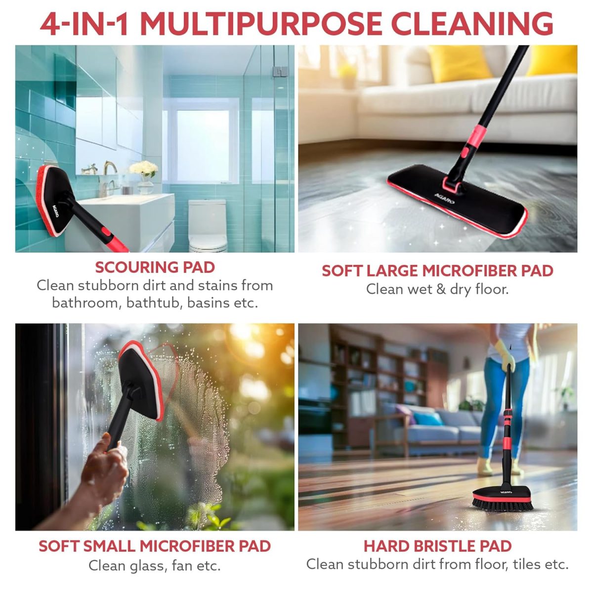 AGARO Elite Cleaning Mop & Brush Set, Bathroom Cleaning Brush, Long Handle, Hard Brush, Microfiber Pad & Scrubber, for Tiles, Kitchen, Toilet, Window Glass, Detachable Head, Black & Red - Image 2