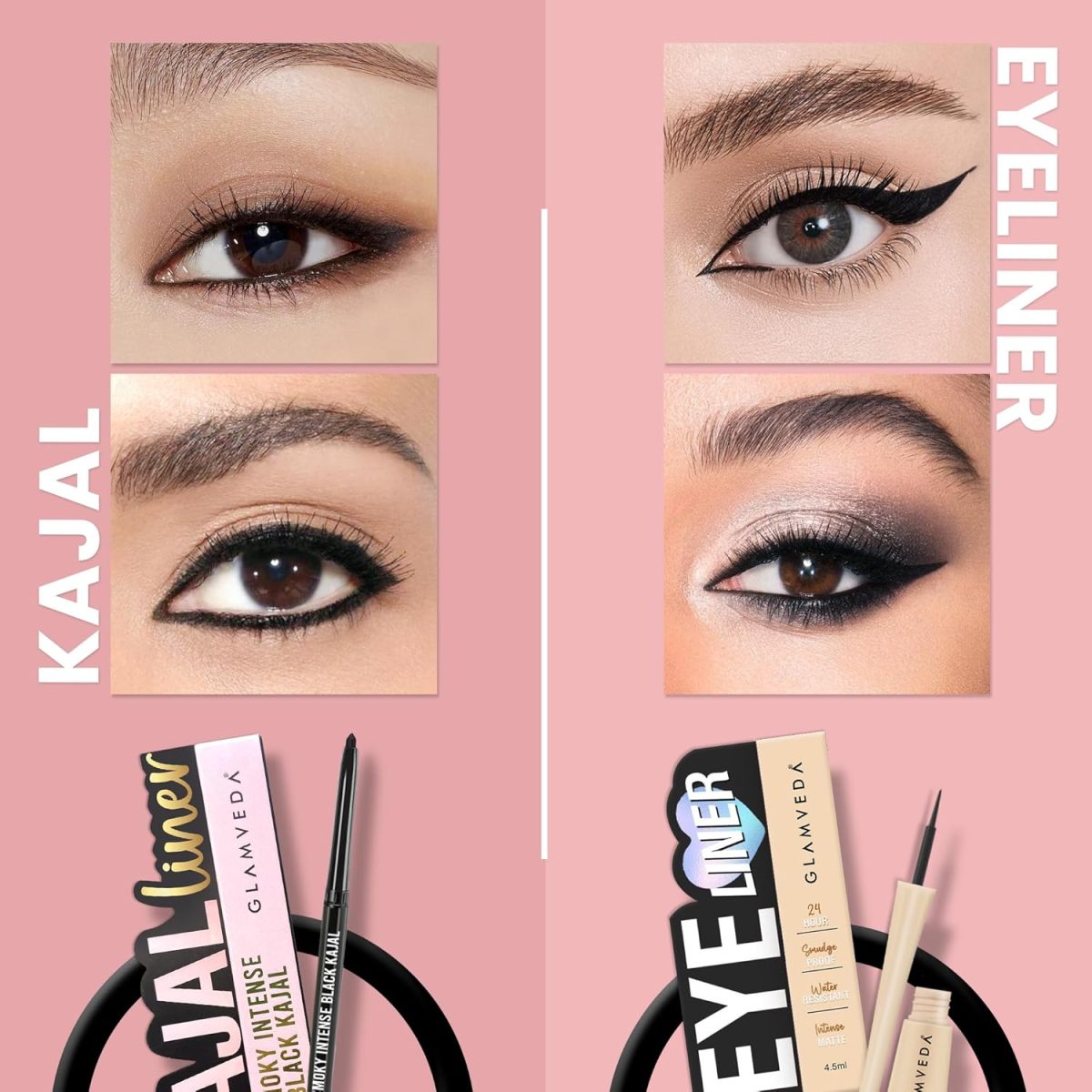Glamveda Eyeliner & Pencil Kajal Combo Pack | Bold Eye Looks | Smudge-Proof, Long-Lasting | Smoky Liner & Smoky Kajal | Essential Eye Kit | Black, Matte Finish for Women - Image 5