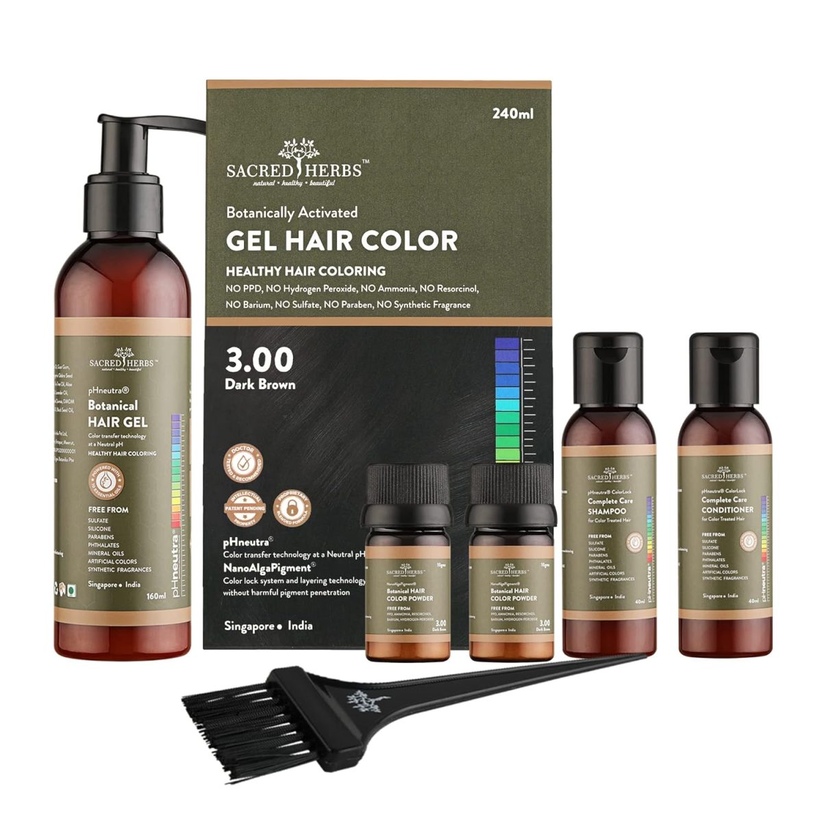 SACRED HERBS Ammonia & PPD Free Organic Gel Hair Color | pH Neutral | Long Lasting Colour with 100% Grey Coverage | Conditioning & Damage Free Natural Hair Coloring for Men & Women Dark Brown 3.00 - 240ml+20gms