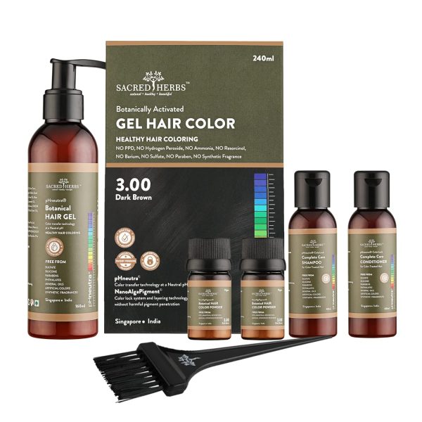 SACRED HERBS Ammonia & PPD Free Organic Gel Hair Color | pH Neutral | Long Lasting Colour with 100% Grey Coverage | Conditioning & Damage Free Natural Hair Coloring for Men & Women Dark Brown 3.00 - 240ml+20gms