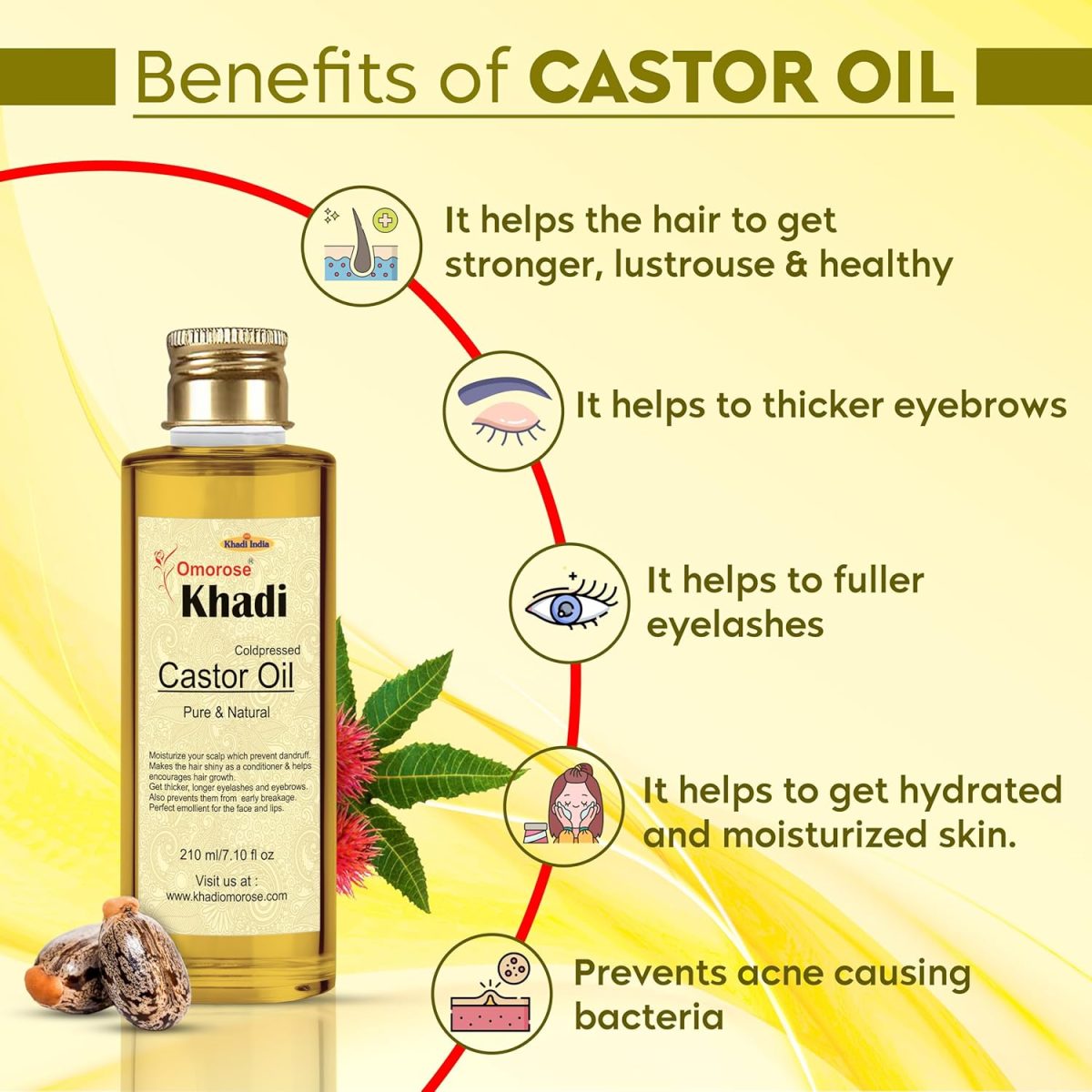 Khadi Omorose Castor Oil | Coldpressed & Hexane Free| Supports Stronger Hair| Hydrates Skin | Healthy Eyelashes Eyebrows, Lips & Nails -210 Ml - Image 3