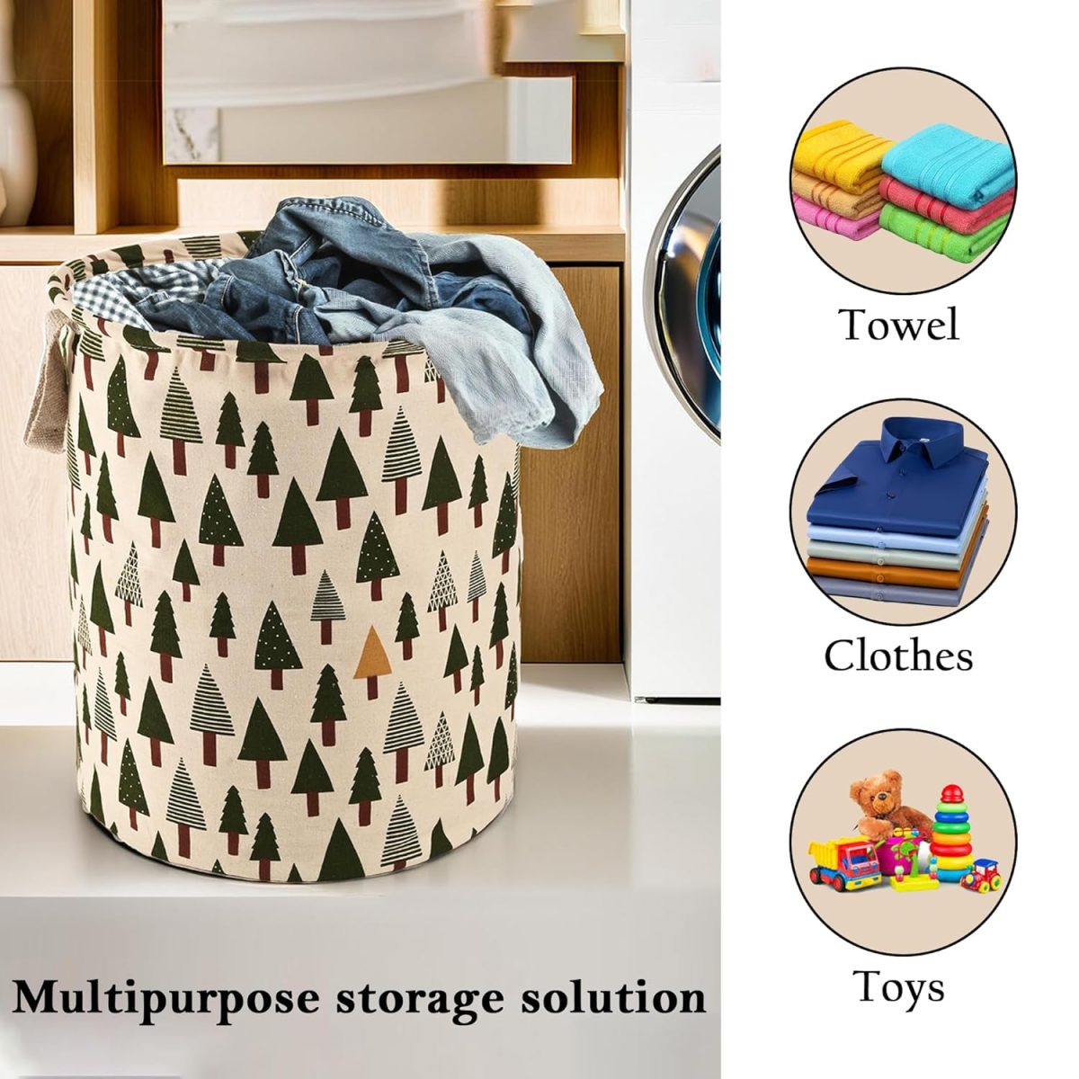Kuber Industries 60 LTR Foldable & Portable Laundry Basket for Clothes with Carry Handles | Durable & Easy To Clean Laundry, Towel & Toy Bag for Kids Storage | Tree Print- Green - Image 4