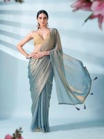 Womanista Women's Plain Poly Chiffon Jimmychoo Two Tone Saree with Un-Stitched Blouse - Image 2